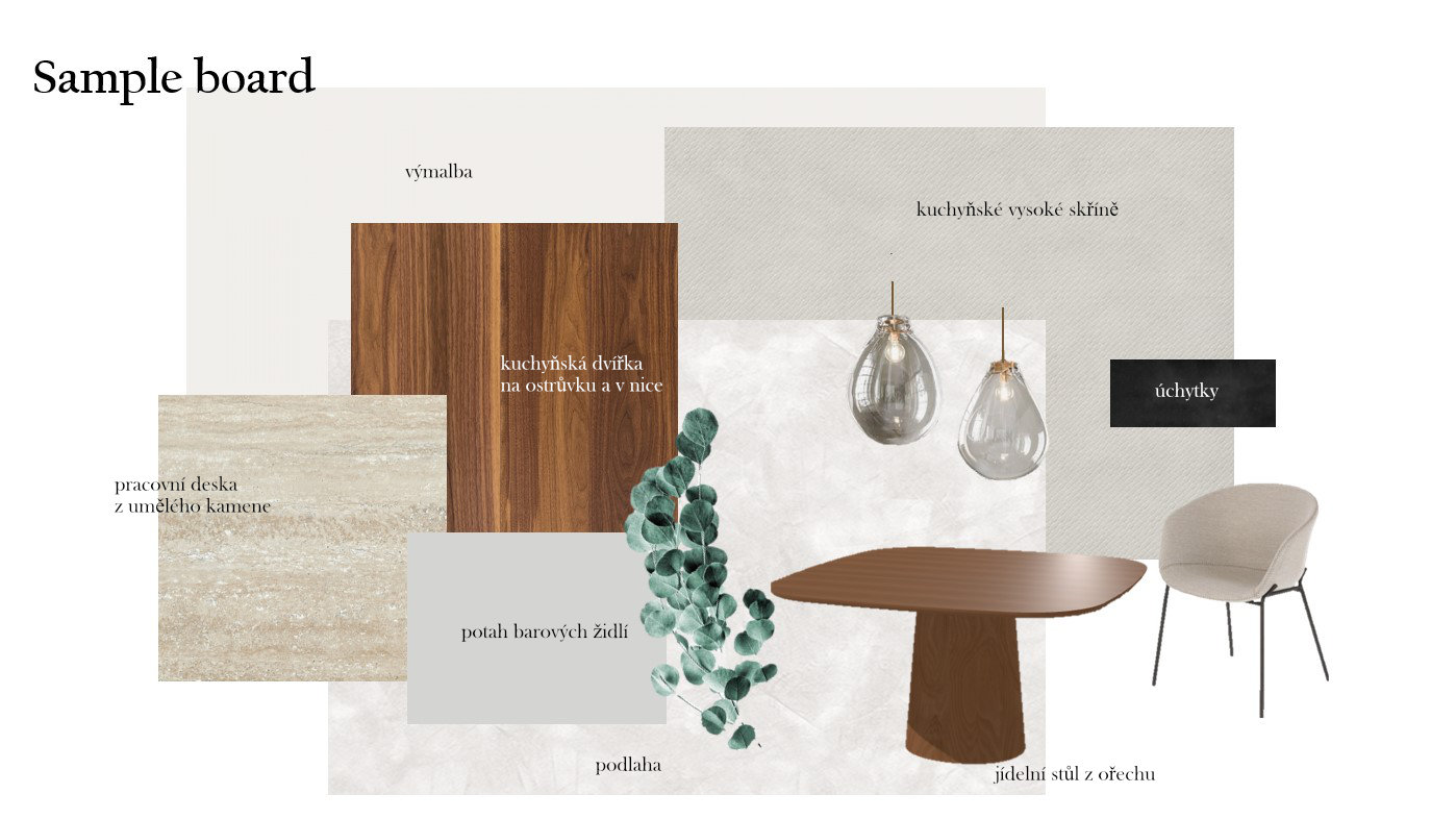 Sample board projektu Elegantní bungalov za Brnem